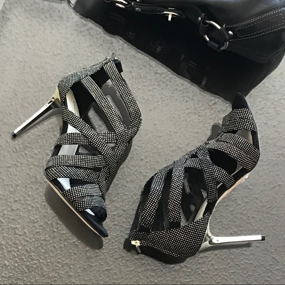 Karen Walker NEW Strappy Metallic Heels Stiletto 7 - Picture 1 of 5